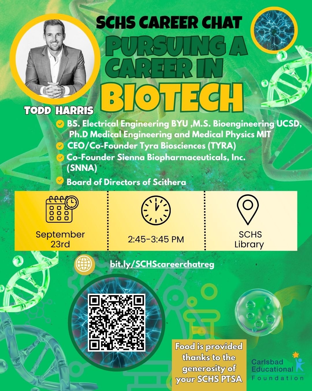 Event flyer for a high school career chat on pursuing a career in biotech.