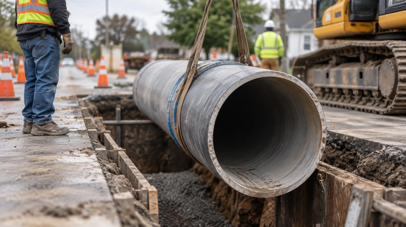 Open road trench with a large pipe being installed, surrounded by orange cones.