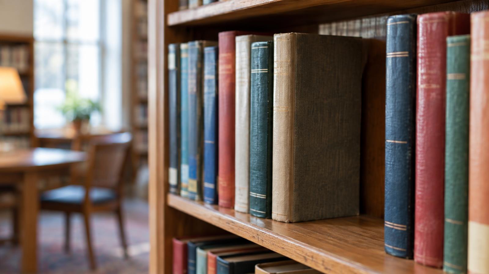 Colorful hardcover books on a wooden library shelf with one empty gap