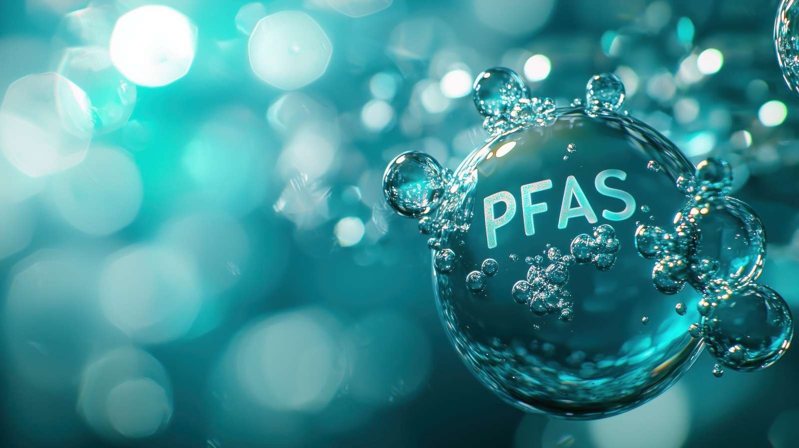 Translucent water bubble with the letters PFAS against a teal background.