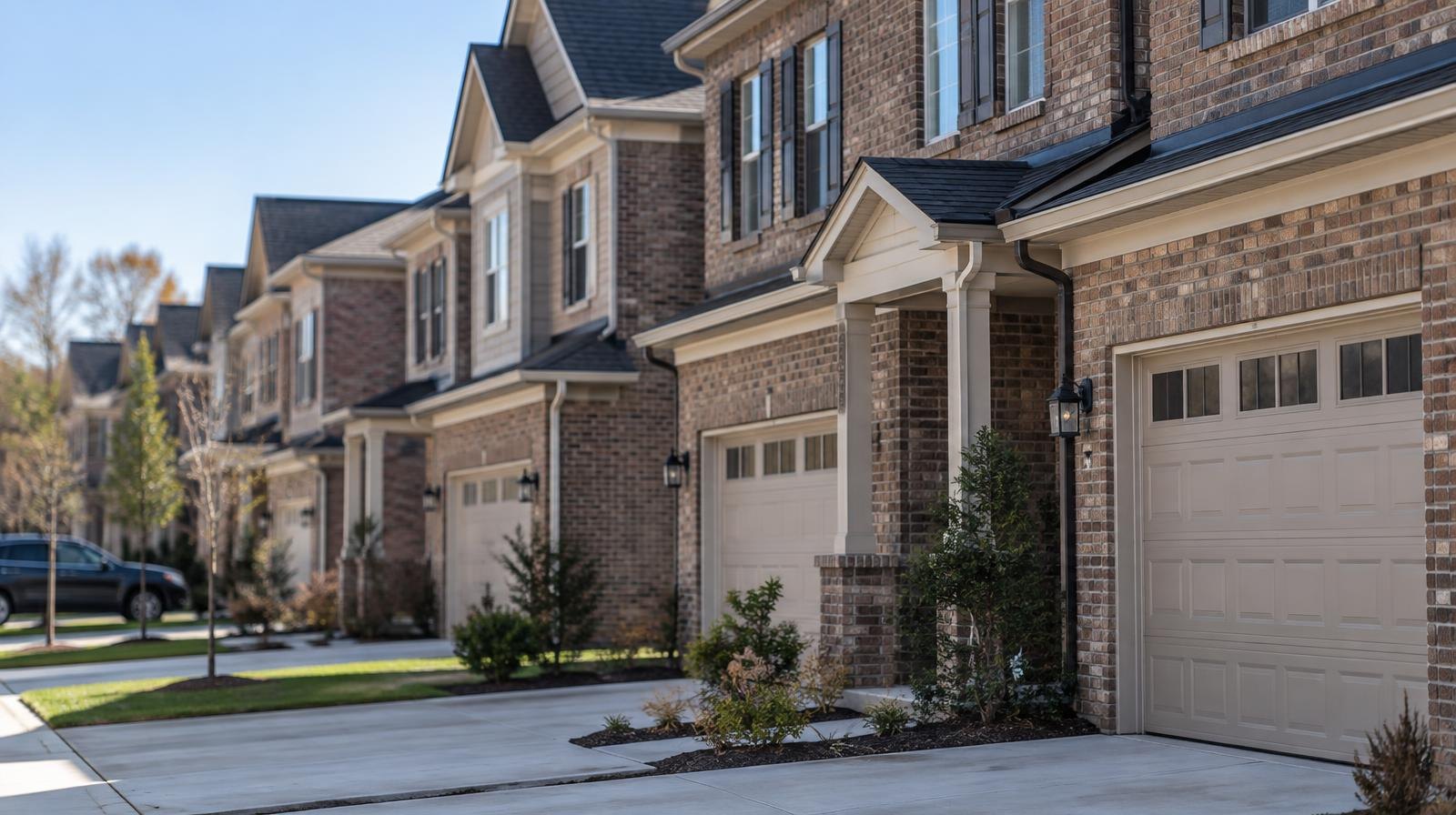 Row of two-story brick townhomes with attached garages on a residential street.