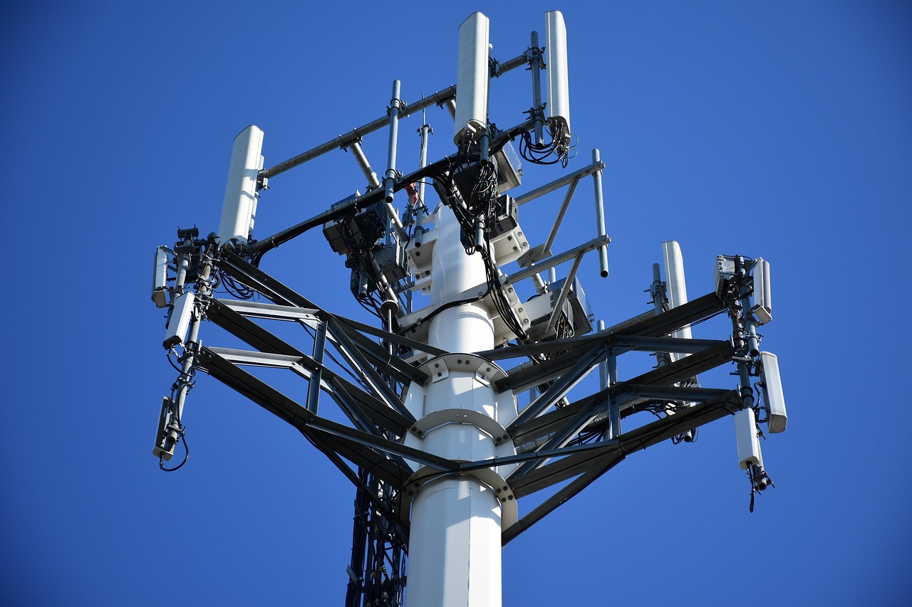 Cellular tower, power, technology, mobile, cell, radio, antenna, transmit, wire, blue sky, transmitter, broadcast, metal