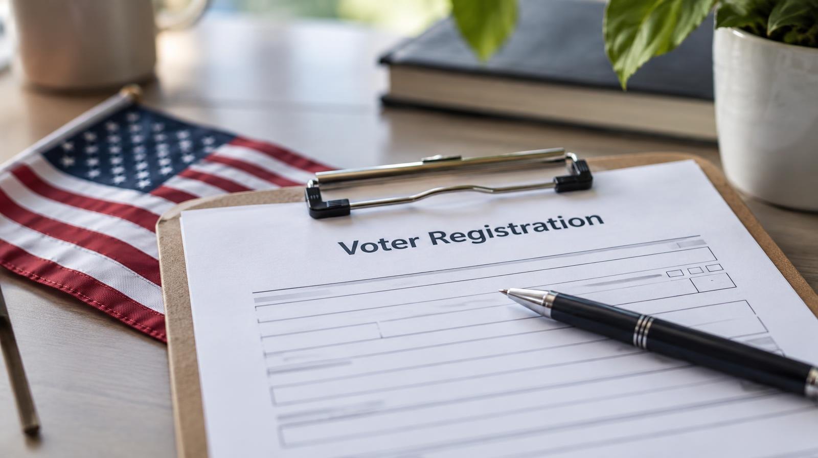 Blank voter registration form on a clipboard with a pen beside a small American flag.