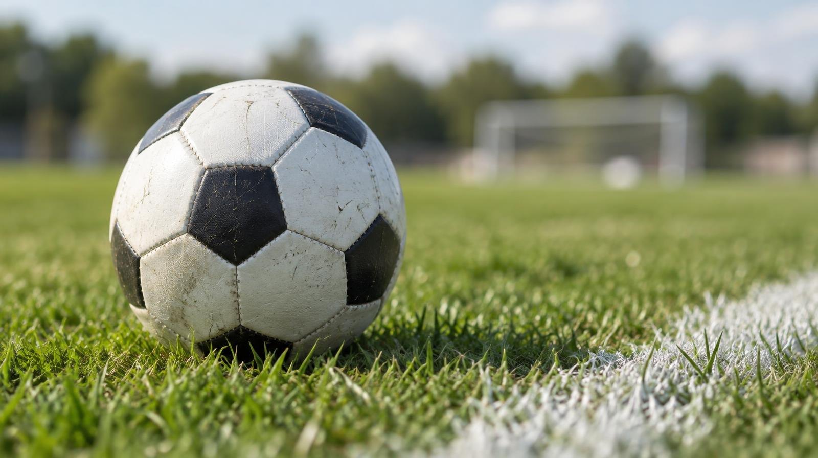 A black-and-white soccer ball on a green grass field near a white sideline.