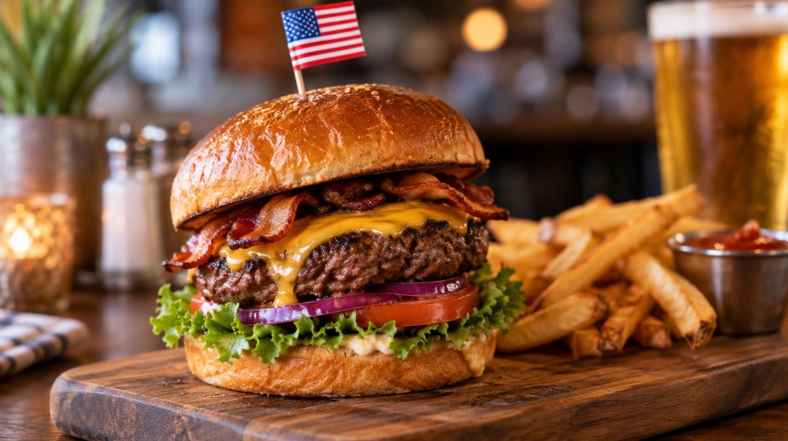 A thick stacked burger with toppings on a wooden board.