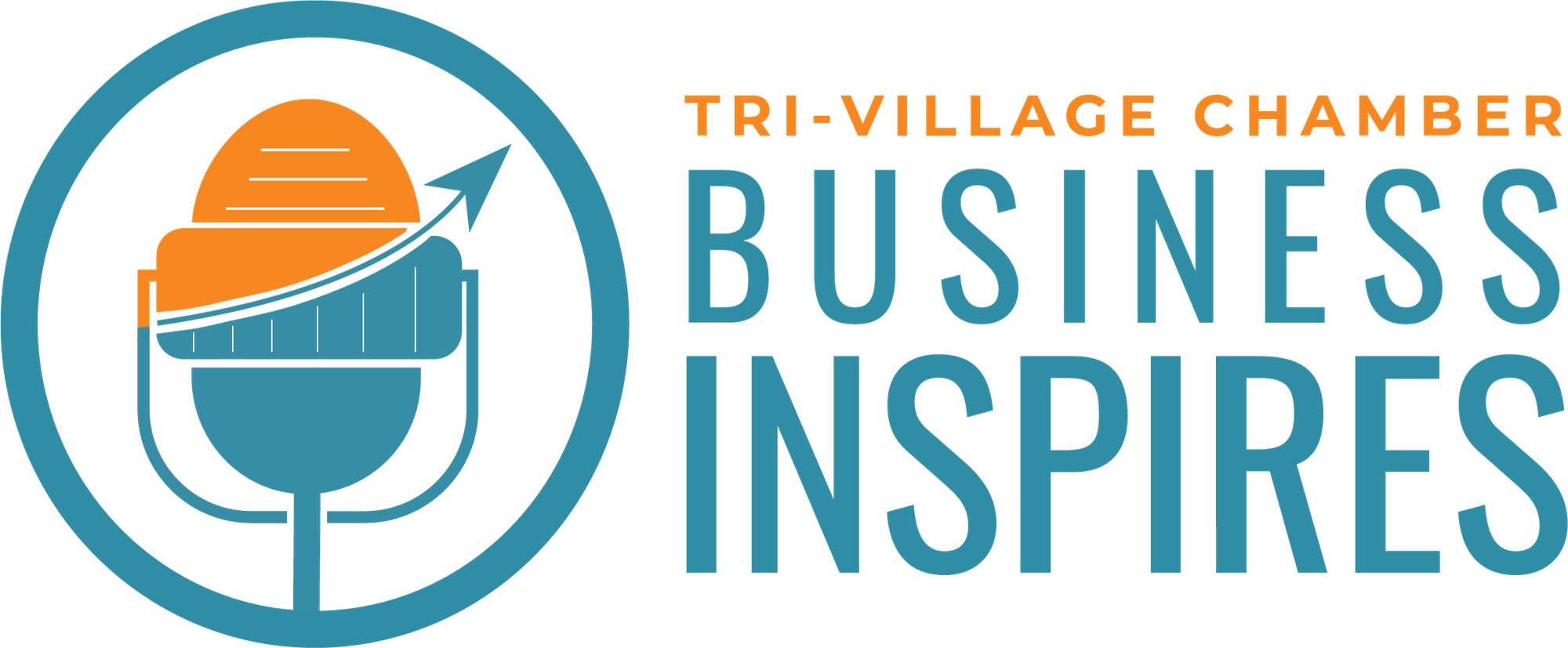 Logo for the Business Inspires podcast featuring a microphone icon and orange and teal text.
