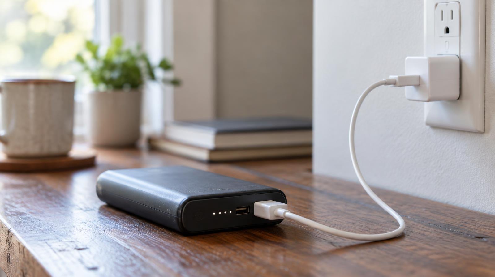 A battery pack and charging cable plugged into a wall outlet on a wooden table.