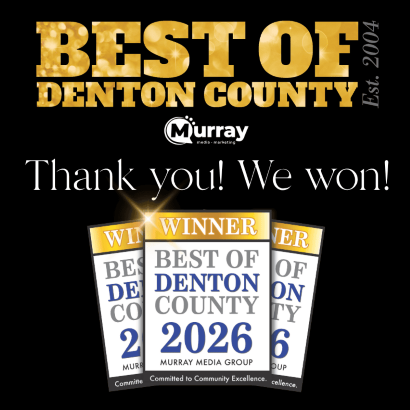 Gold and black graphic showing three Best of Denton County 2026 winner badges.