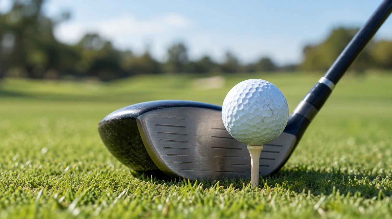 Golf ball on a tee next to a club head on a green fairway in sunlight.