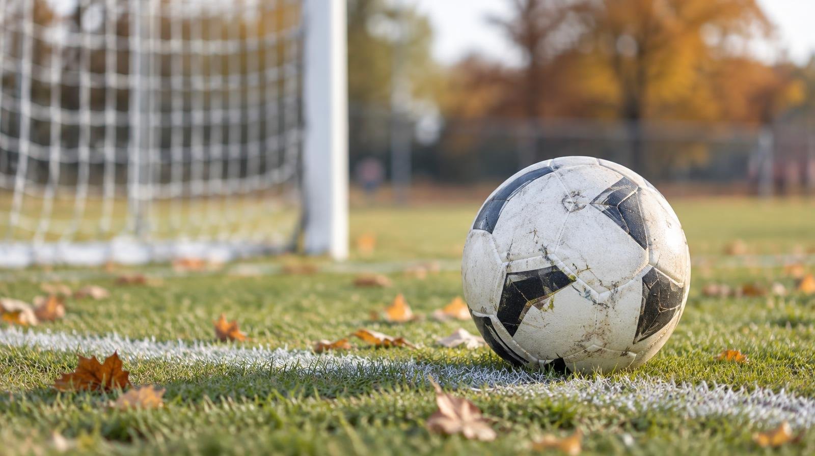 A white soccer ball on a grass field with a goal net in the background.