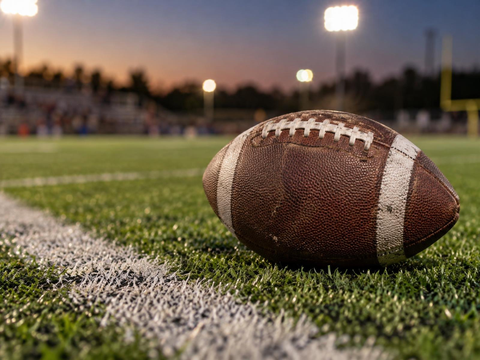 An American football resting on green artificial turf beside a white yard line.