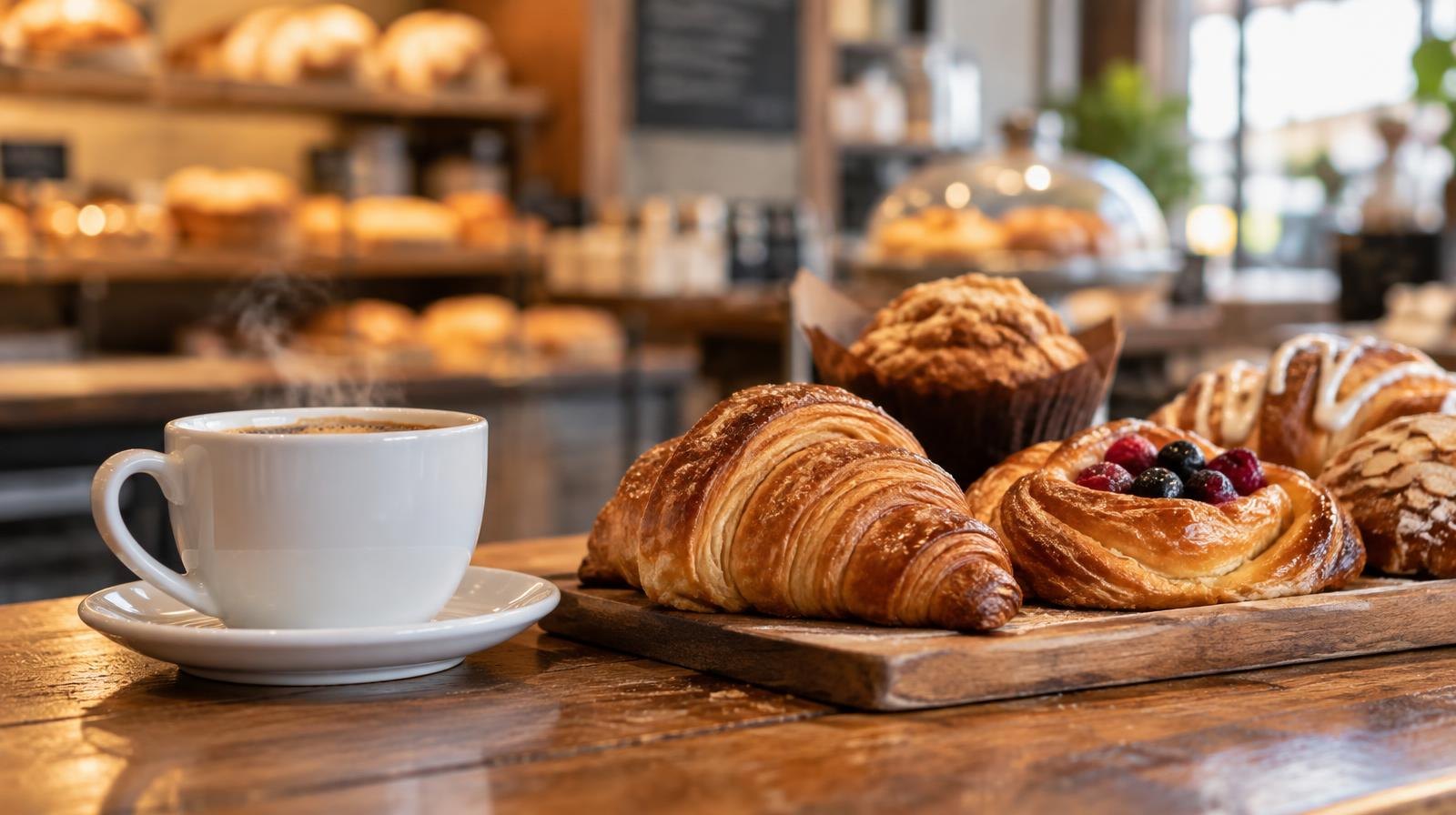 Assorted pastries and a steaming coffee cup on a wooden counter.