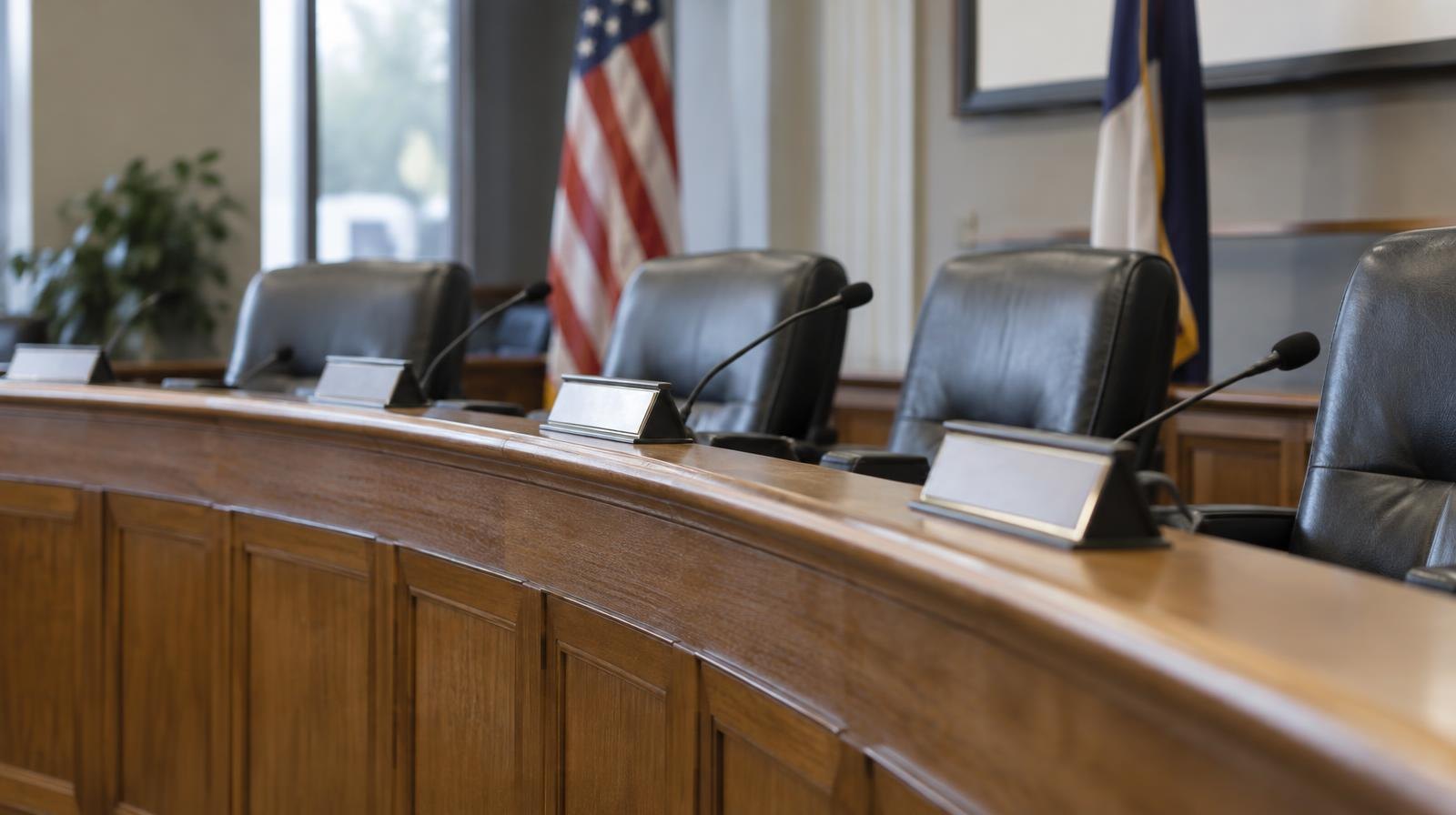 Empty curved wooden dais with microphones and name placards in a government meeting room.