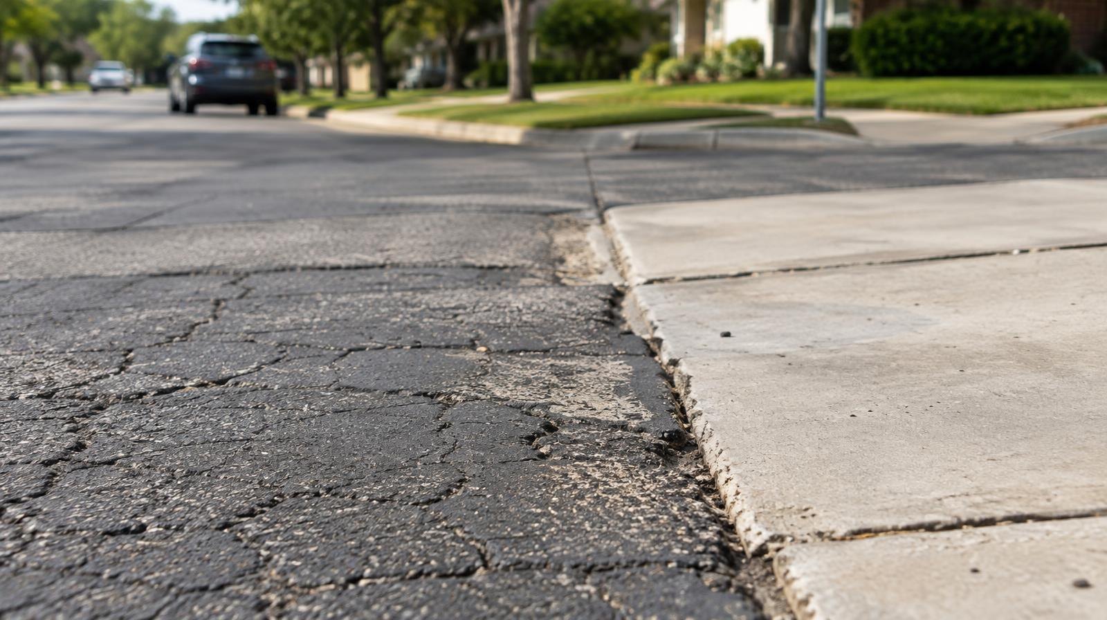 Suburban intersection where road surfaces differ on each side, suggesting separate maintenance.
