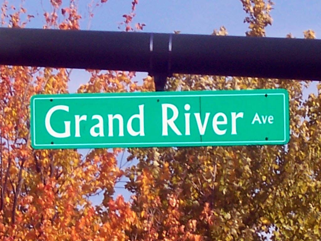 Green street sign reading Grand River Ave mounted on a pole with autumn trees behind.