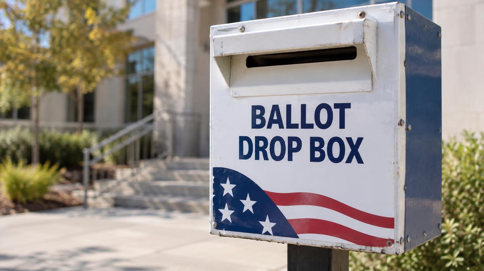 A metal ballot drop box mounted on a post outdoors under a clear sky.
