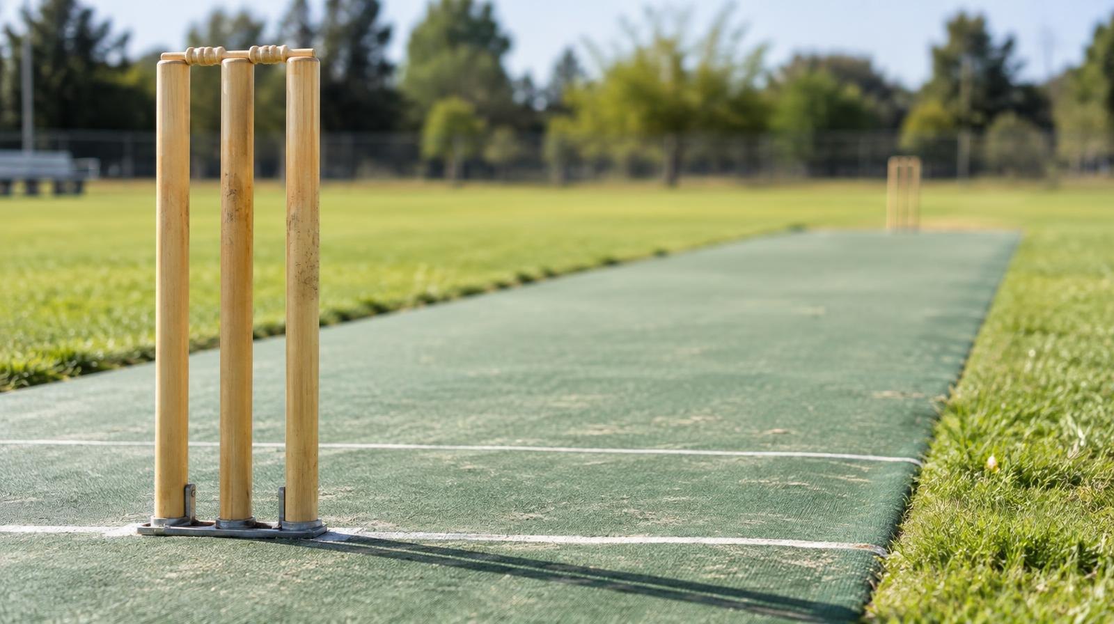Portable cricket pitch mat unrolled on green grass with wickets at one end.