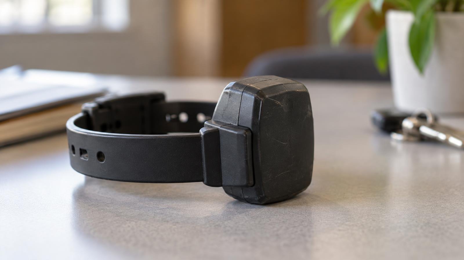 An electronic ankle monitoring bracelet resting on a plain surface.