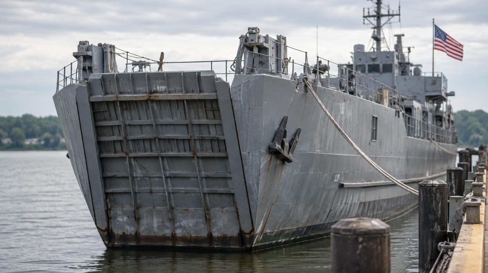 Gray military landing ship moored at a dock with bow doors visible.