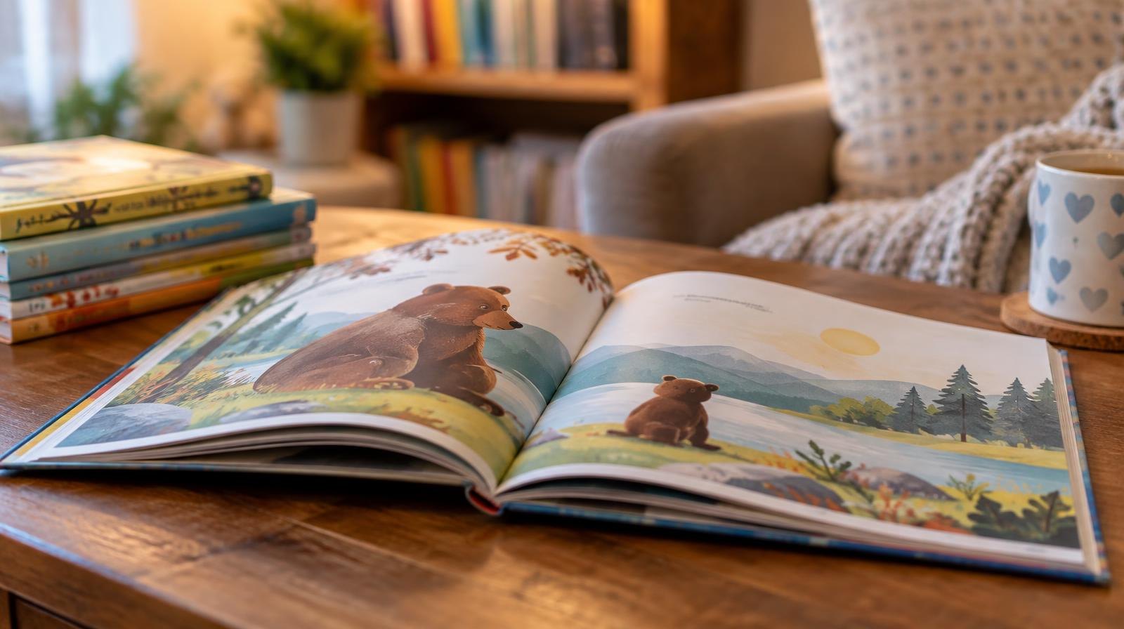 An open colorful children's picture book on a wooden table with a stack of books nearby.