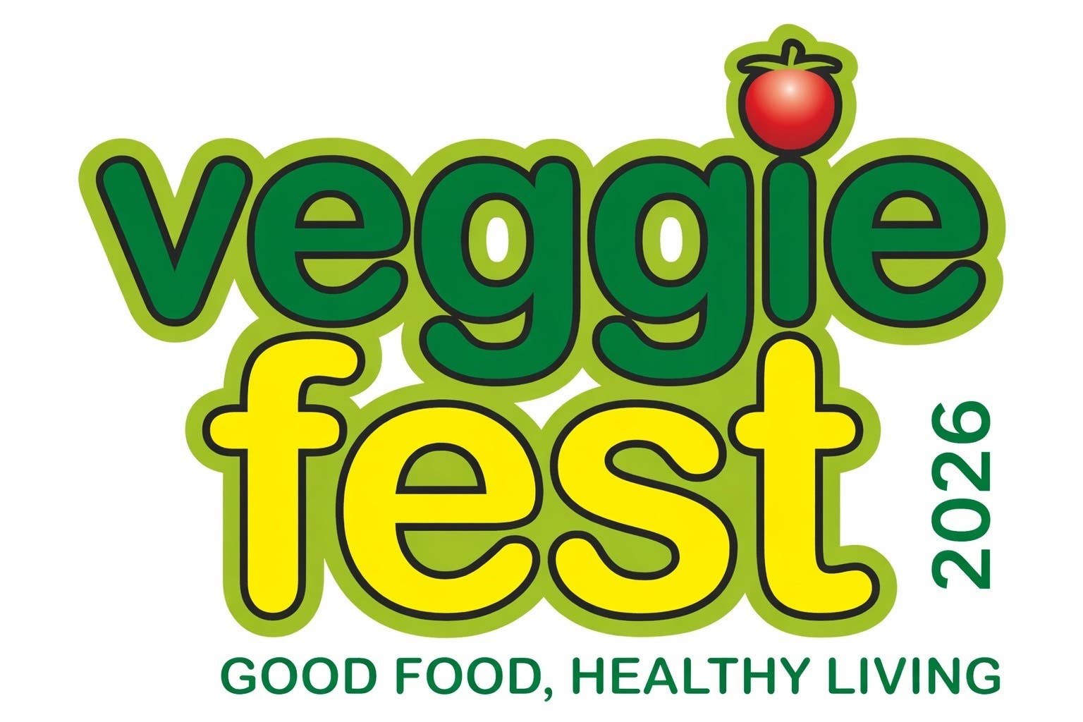 Veggie Fest 2026 logo with green and yellow lettering and a red tomato graphic.