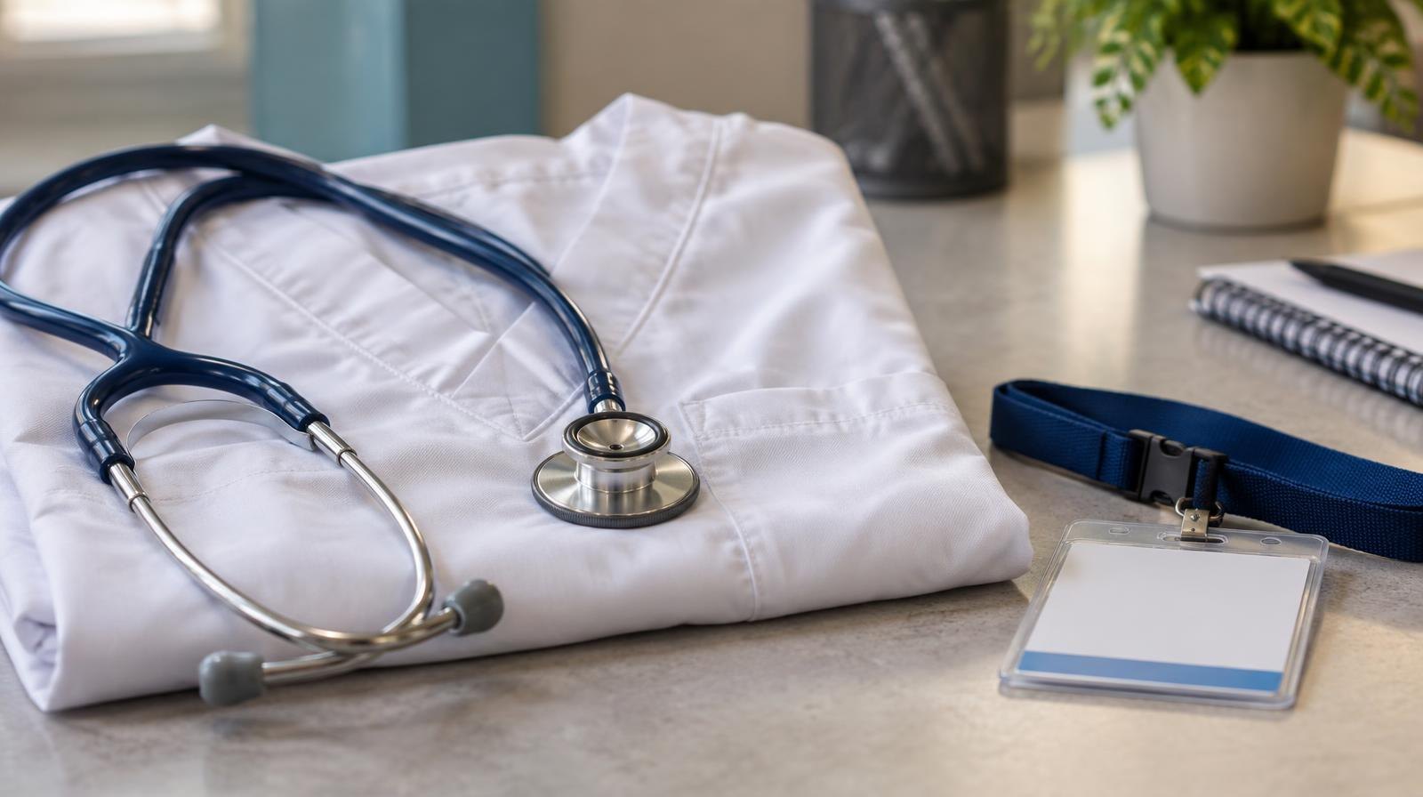 A stethoscope resting on a folded white uniform beside a lanyard.