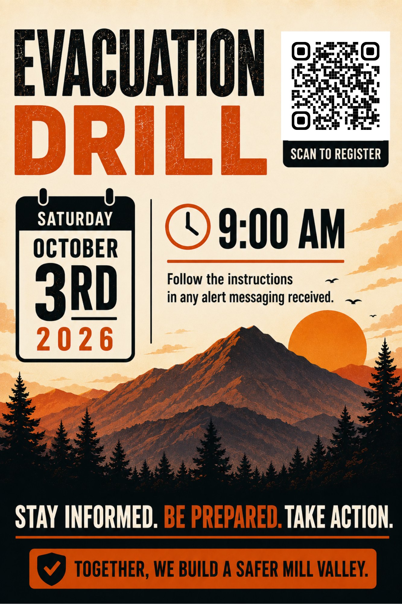 Event flyer for a Mill Valley evacuation drill on October 3 at 9 a.m.