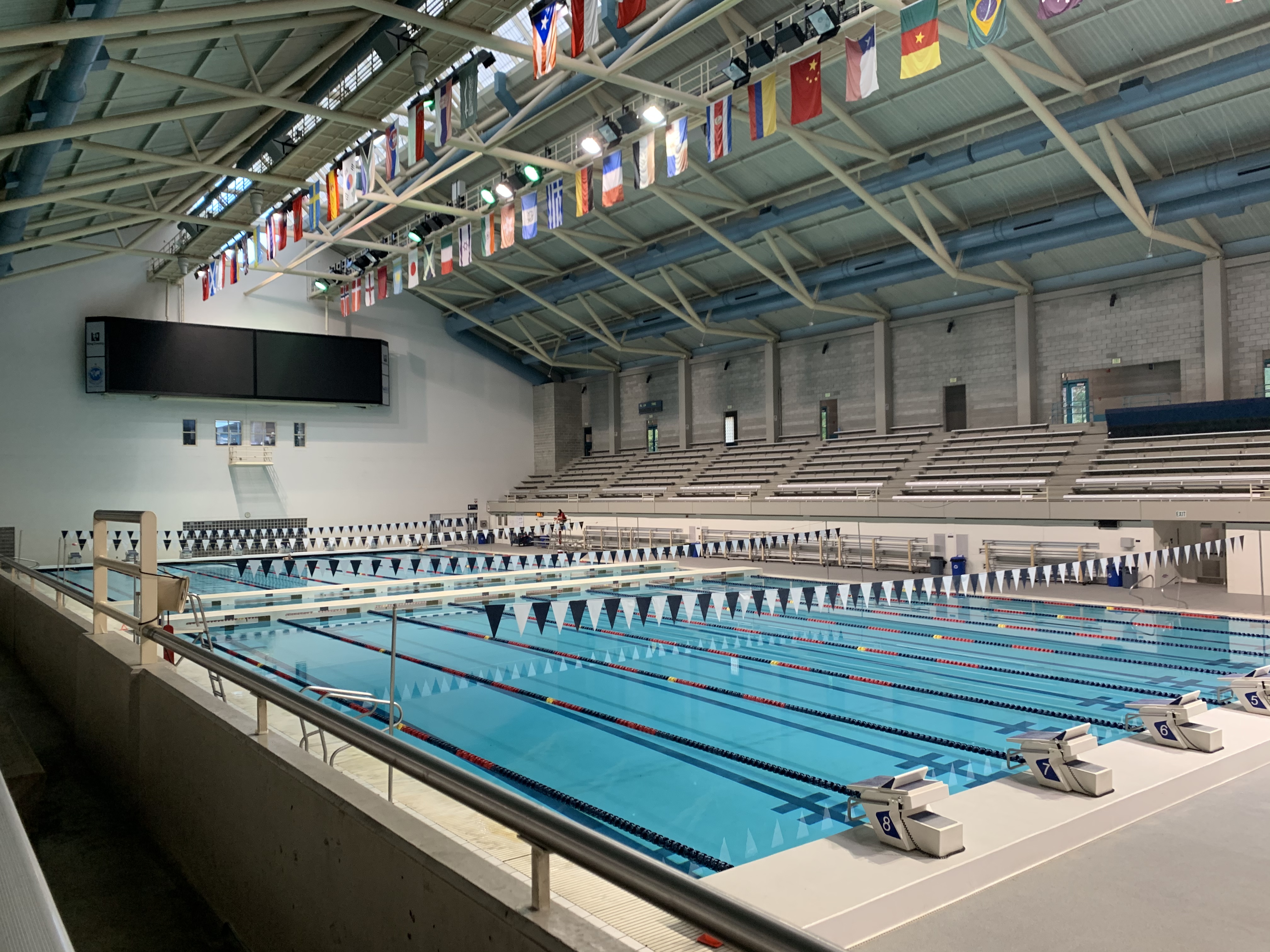 Indoor competition swimming pool with starting blocks, lane lines, and a timing scoreboard.