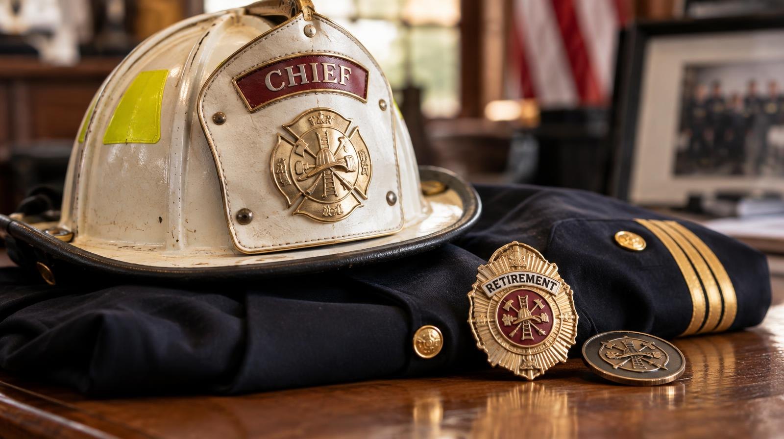 A white fire chief's helmet rests beside a folded uniform jacket and badge on a wooden surface.