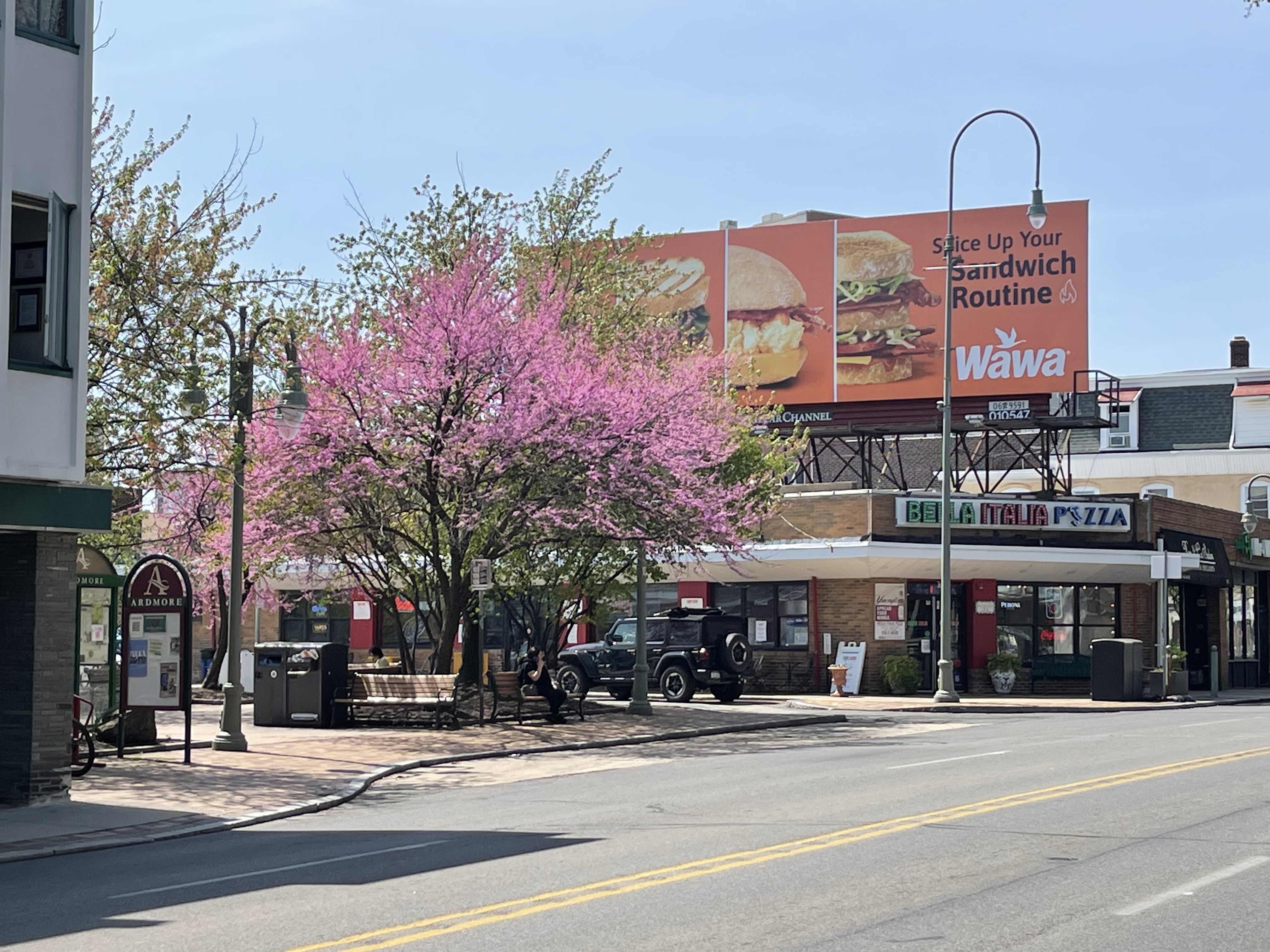 Storefronts along a commercial retail strip in Ardmore, Pennsylvania.
