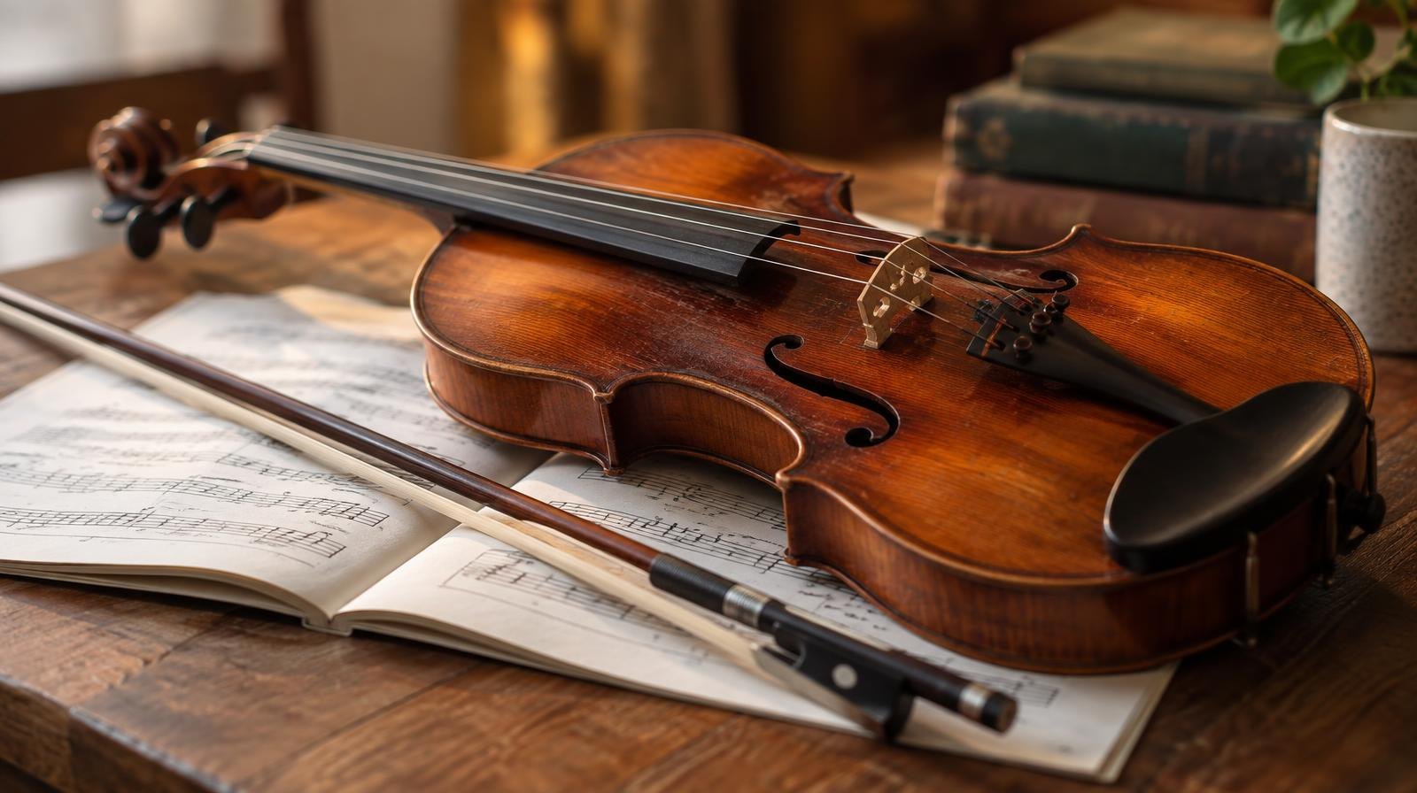 A classical violin and bow resting on open sheet music in warm light.