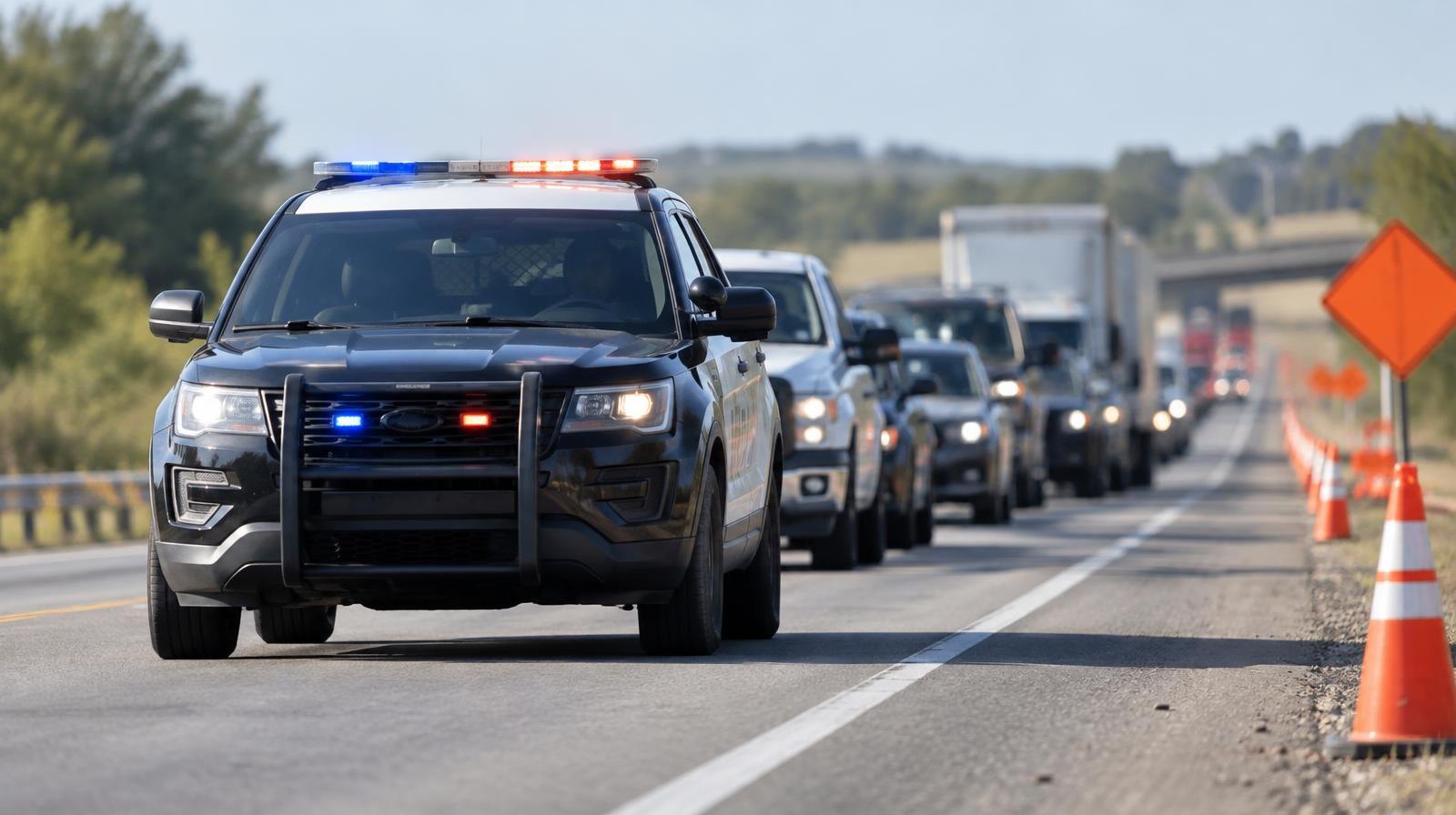 Line of vehicles stopped on a highway behind an escort vehicle with orange construction signs.