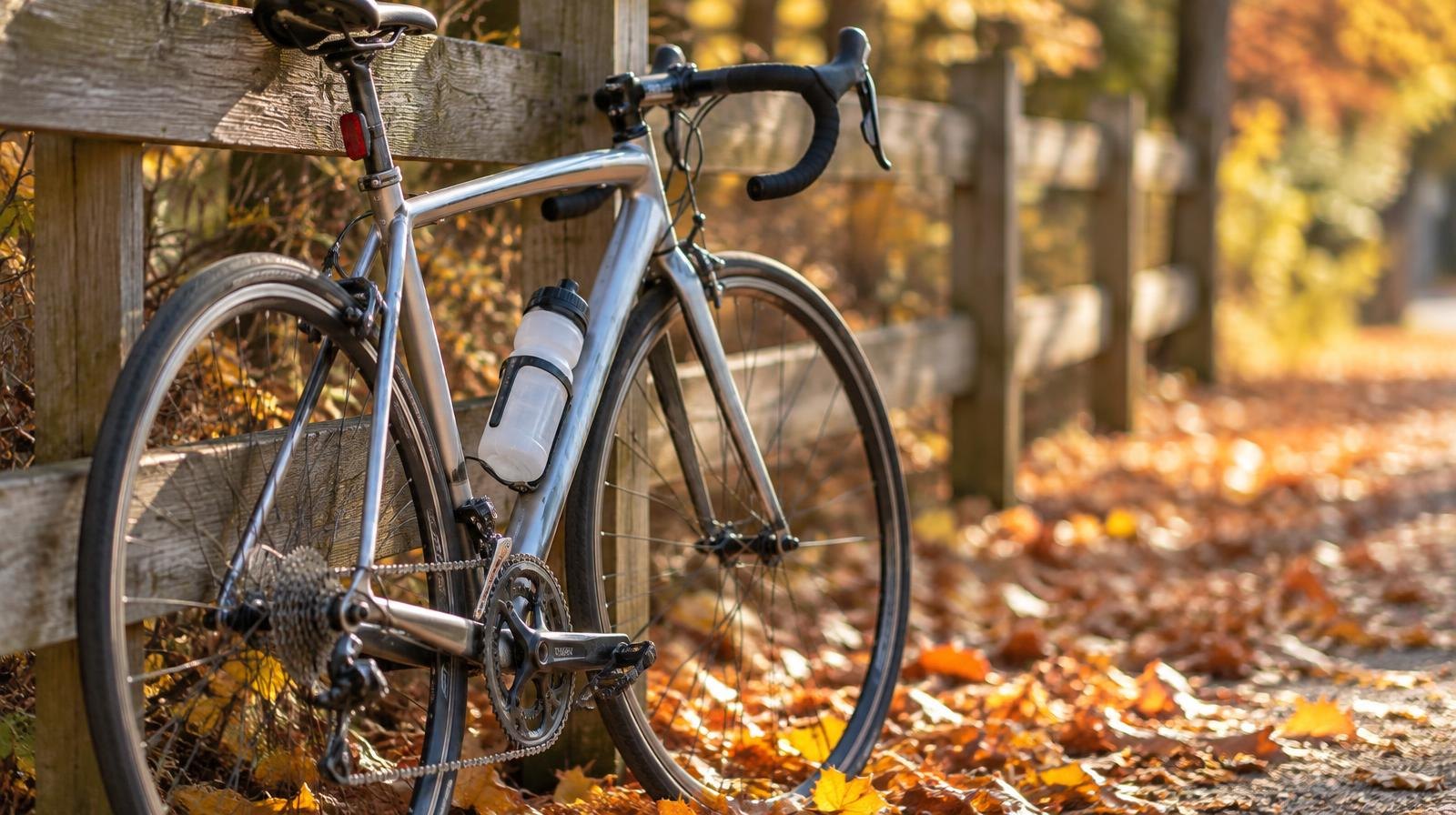 A road bicycle leaning against a wooden fence with autumn leaves on the ground.