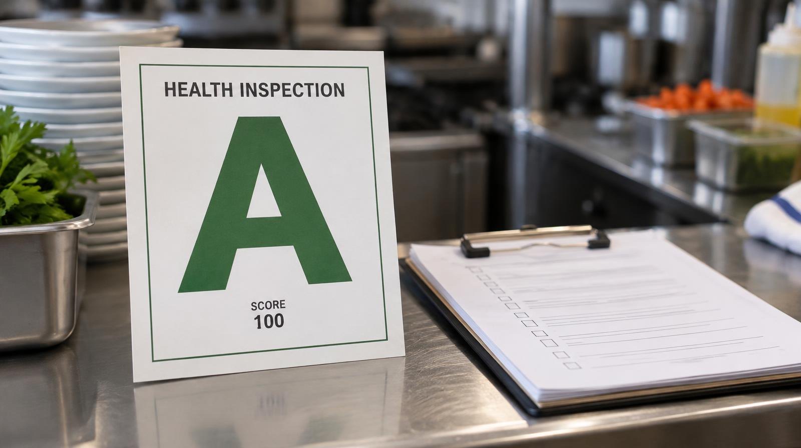 A health inspection grade card beside a clipboard on a stainless steel kitchen counter.