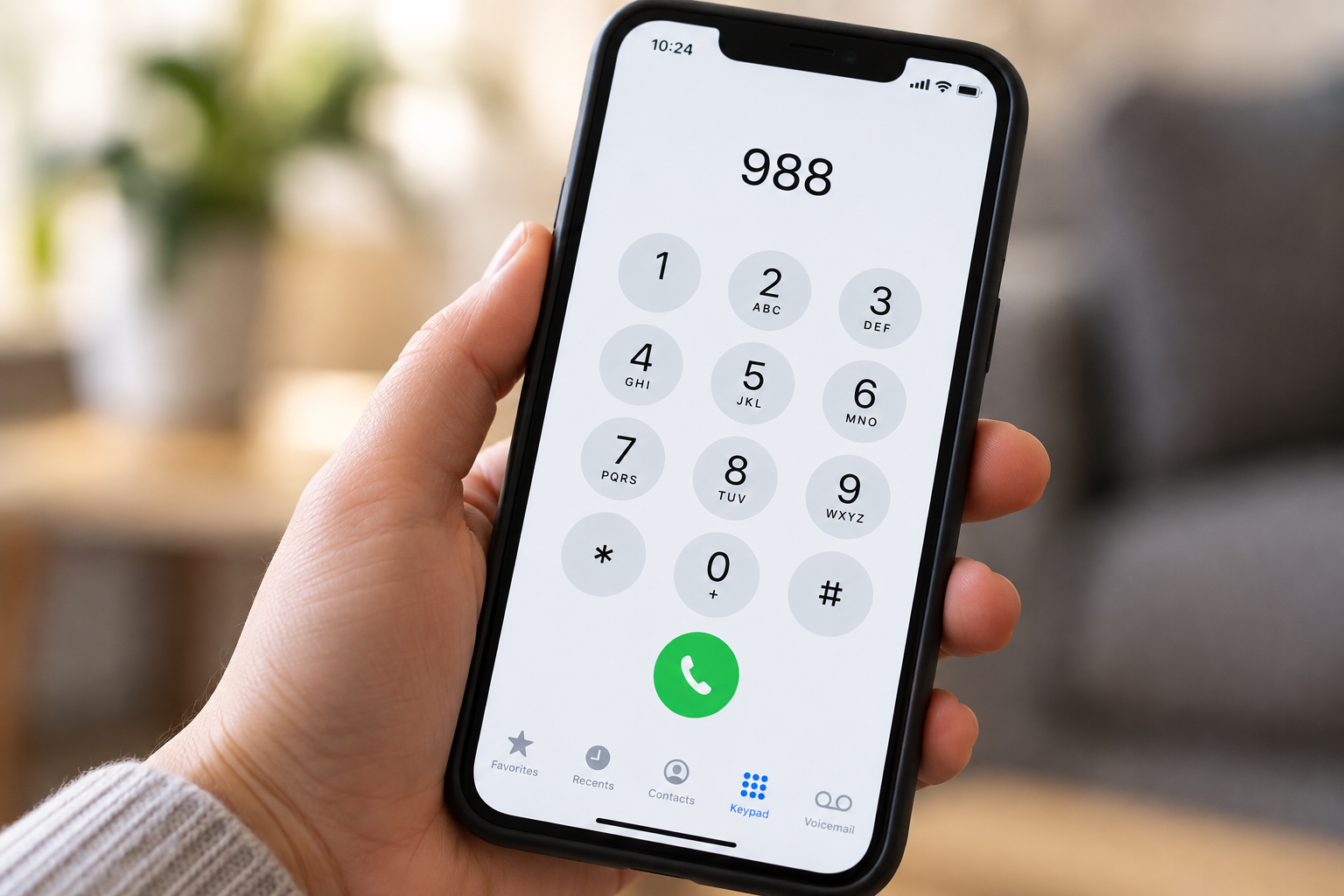 A person holds a smartphone displaying the number 988 on its dial pad, with a green call button visible on the screen.