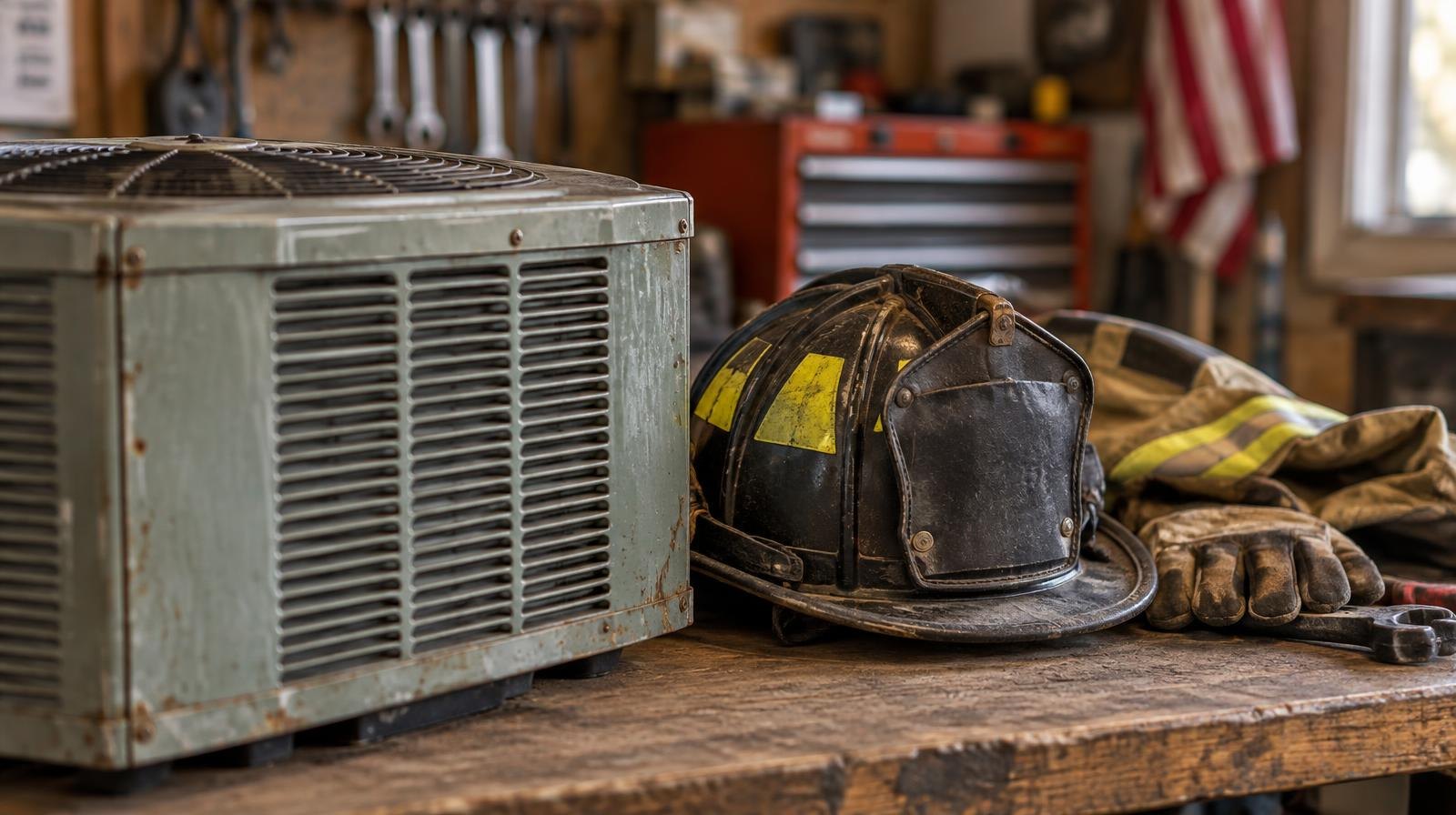 A vintage HVAC unit and a firefighter helmet resting side by side on a wooden workbench.