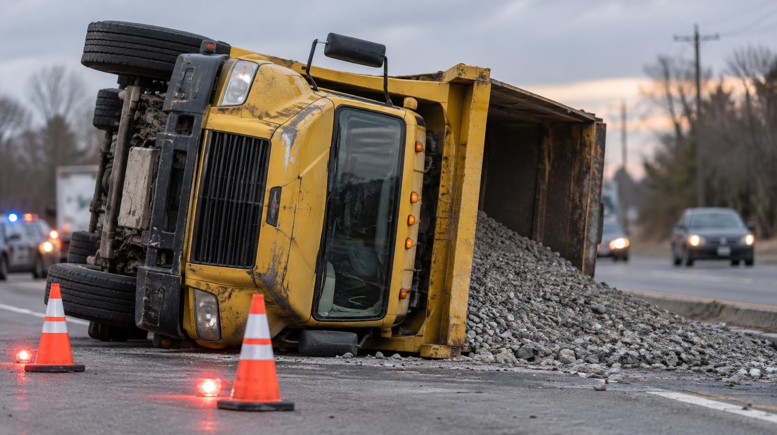 Yellow dump truck overturned on its side on a multi-lane road with orange traffic cones around it.