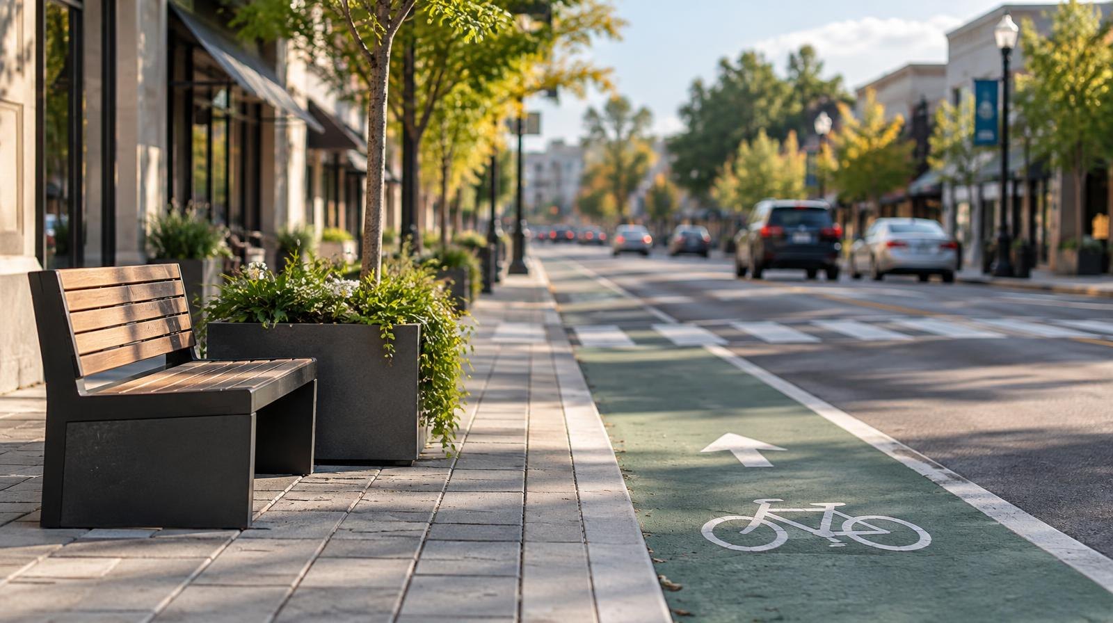 Wide urban street with painted crosswalks, tree planters, and bicycle lane markings.