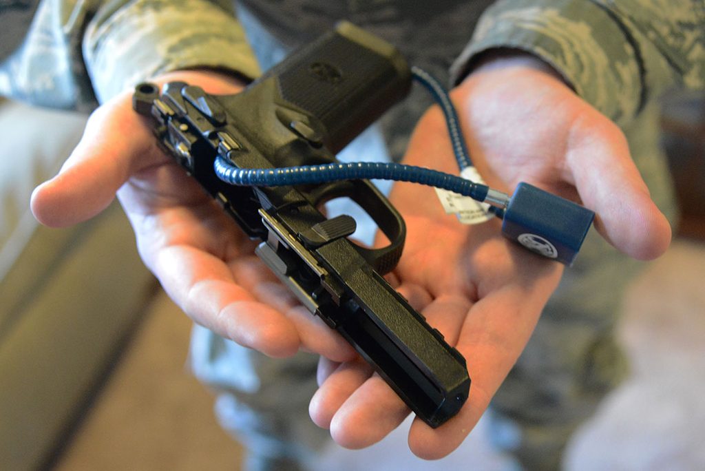 Gun locks are safety items required when privately owned weapons are stored in cases that can be easily breached. JBER Instruction 31-107, Weapons Registration and Child Access Prevention Policy, illu