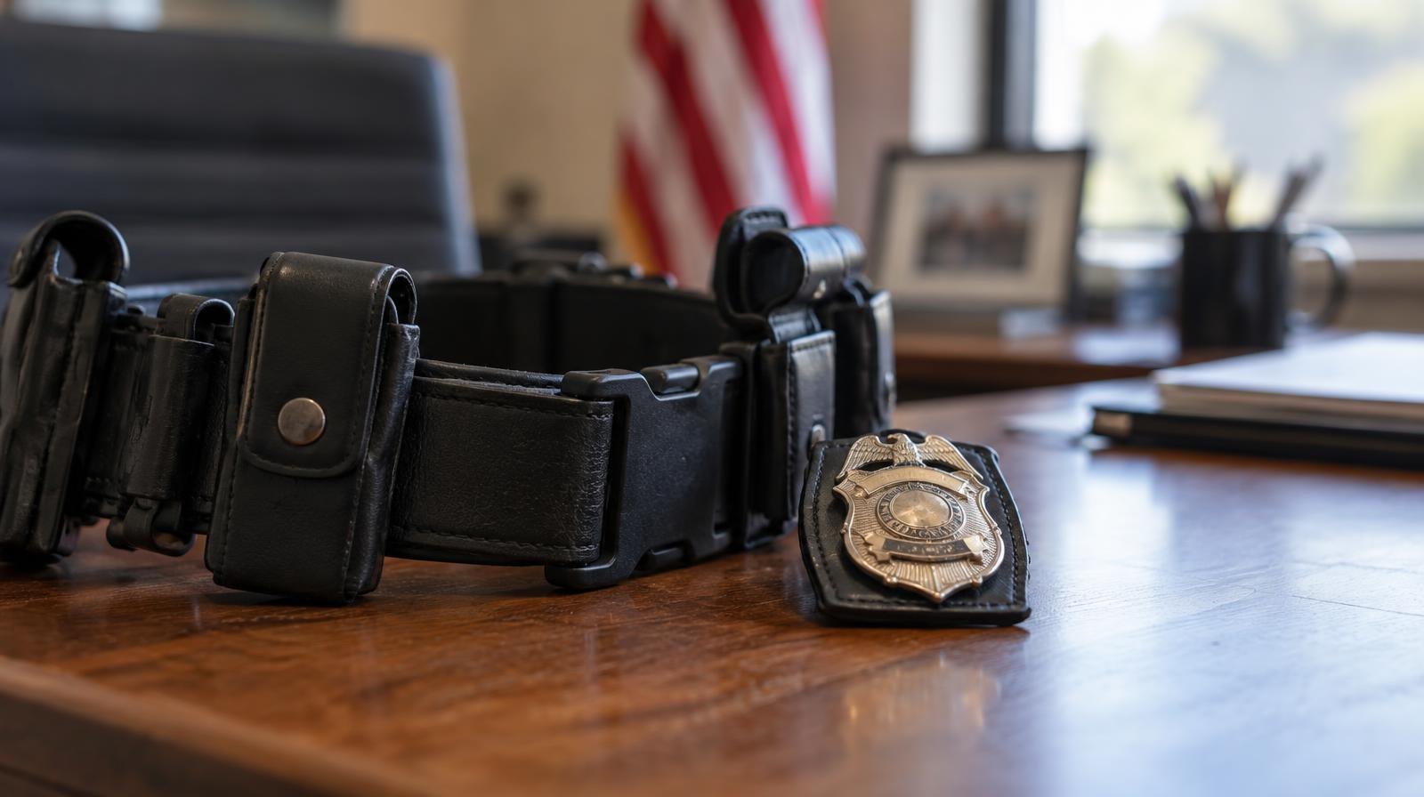 An empty police duty belt and badge resting on a wooden desk.