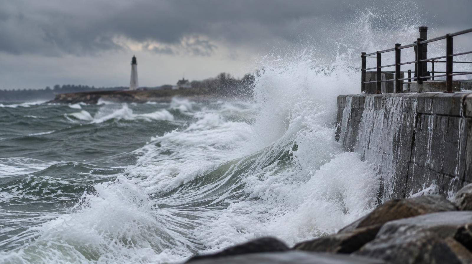 Rough ocean waves crashing against a seawall under dark storm clouds.