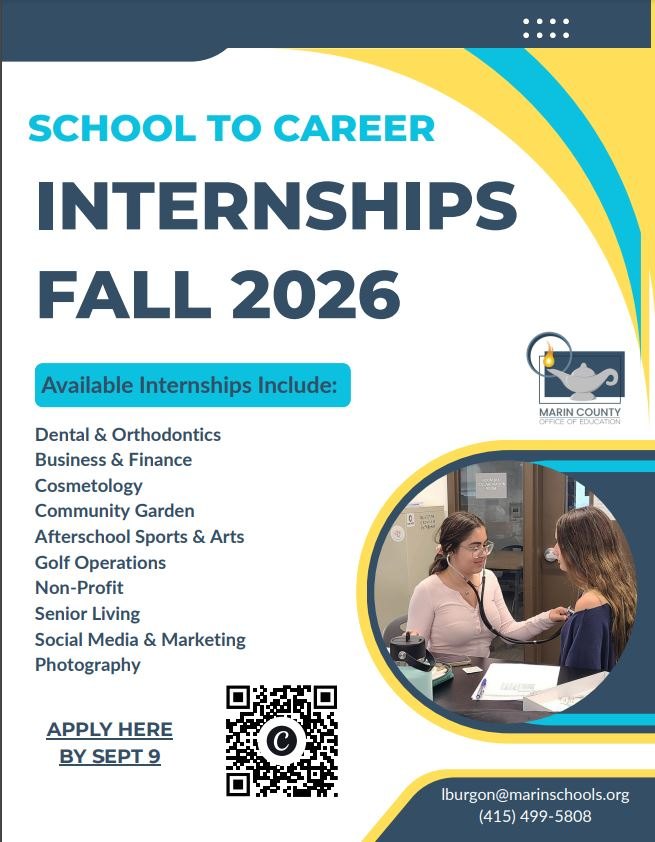 Flyer listing internship categories, a QR code, and application deadline information.