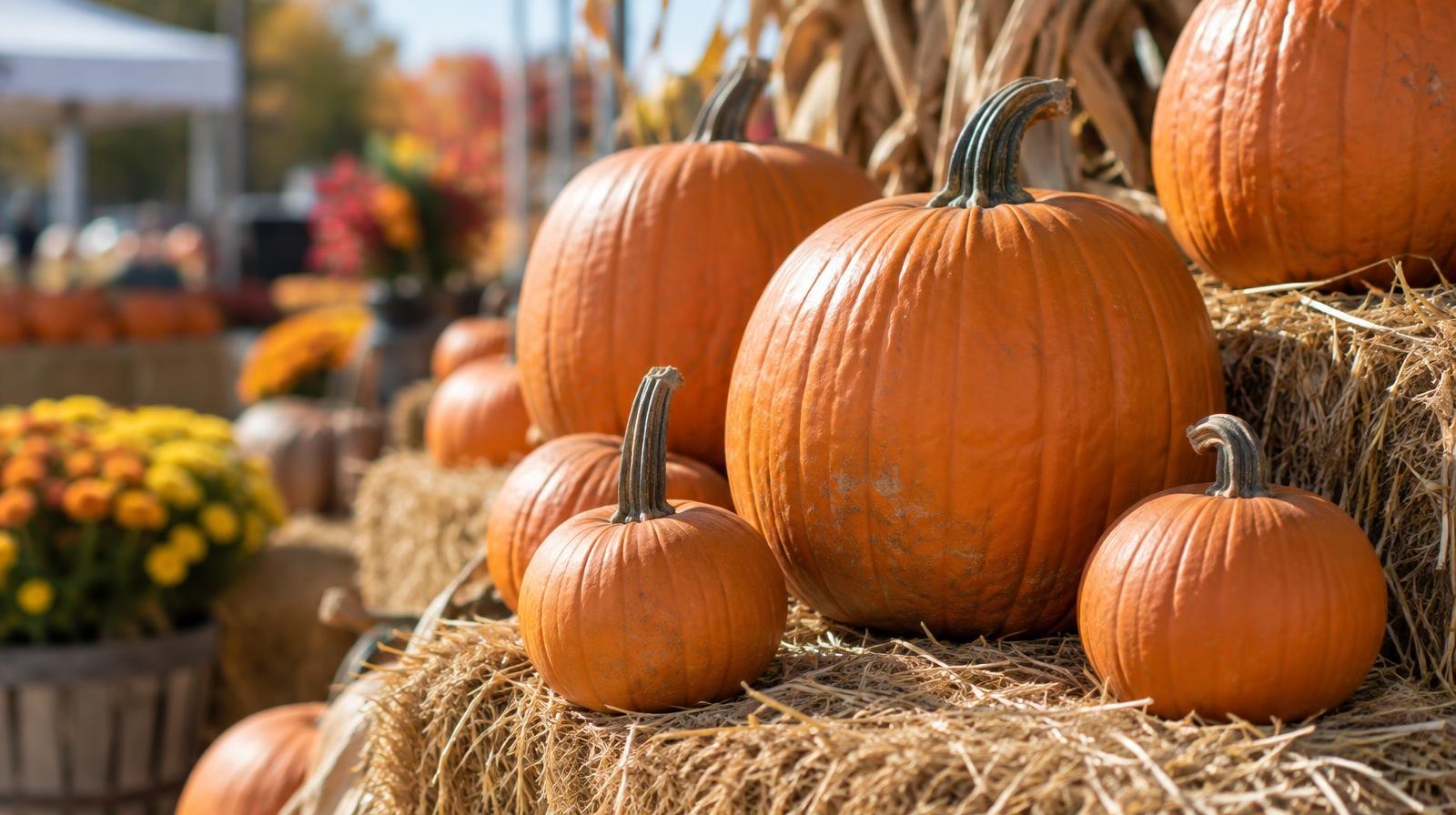Orange pumpkins of various sizes arranged on hay bales outdoors in autumn sunlight.