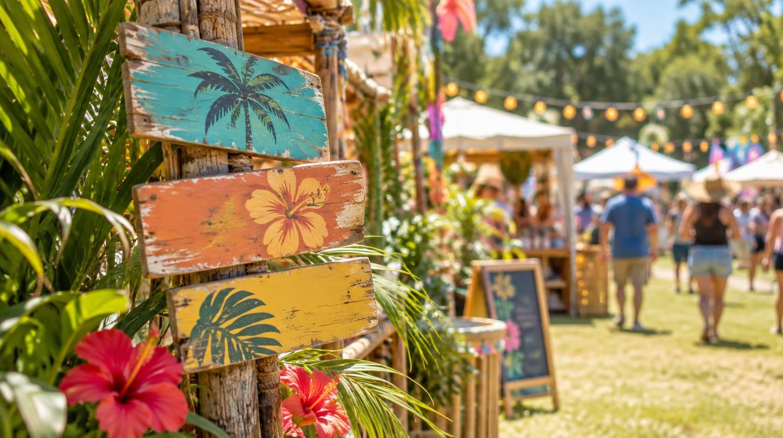 Colorful vendor tents with tropical decorations under string lights in a sunny park.