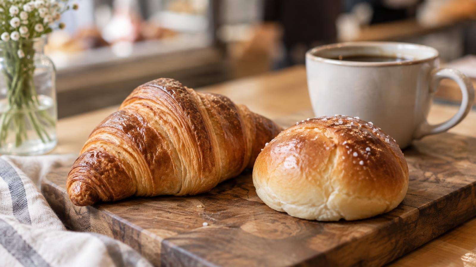 A golden croissant and a round bread roll on a wooden board next to a coffee cup.