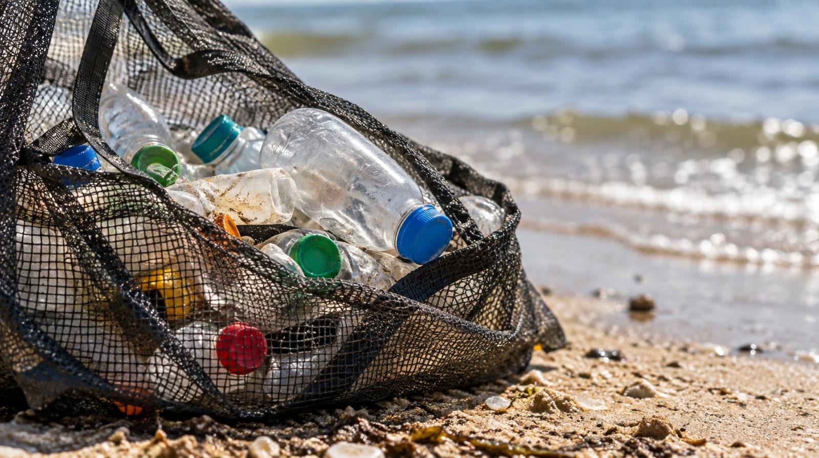 Plastic bottles and litter in a mesh bag resting on a sandy shoreline.