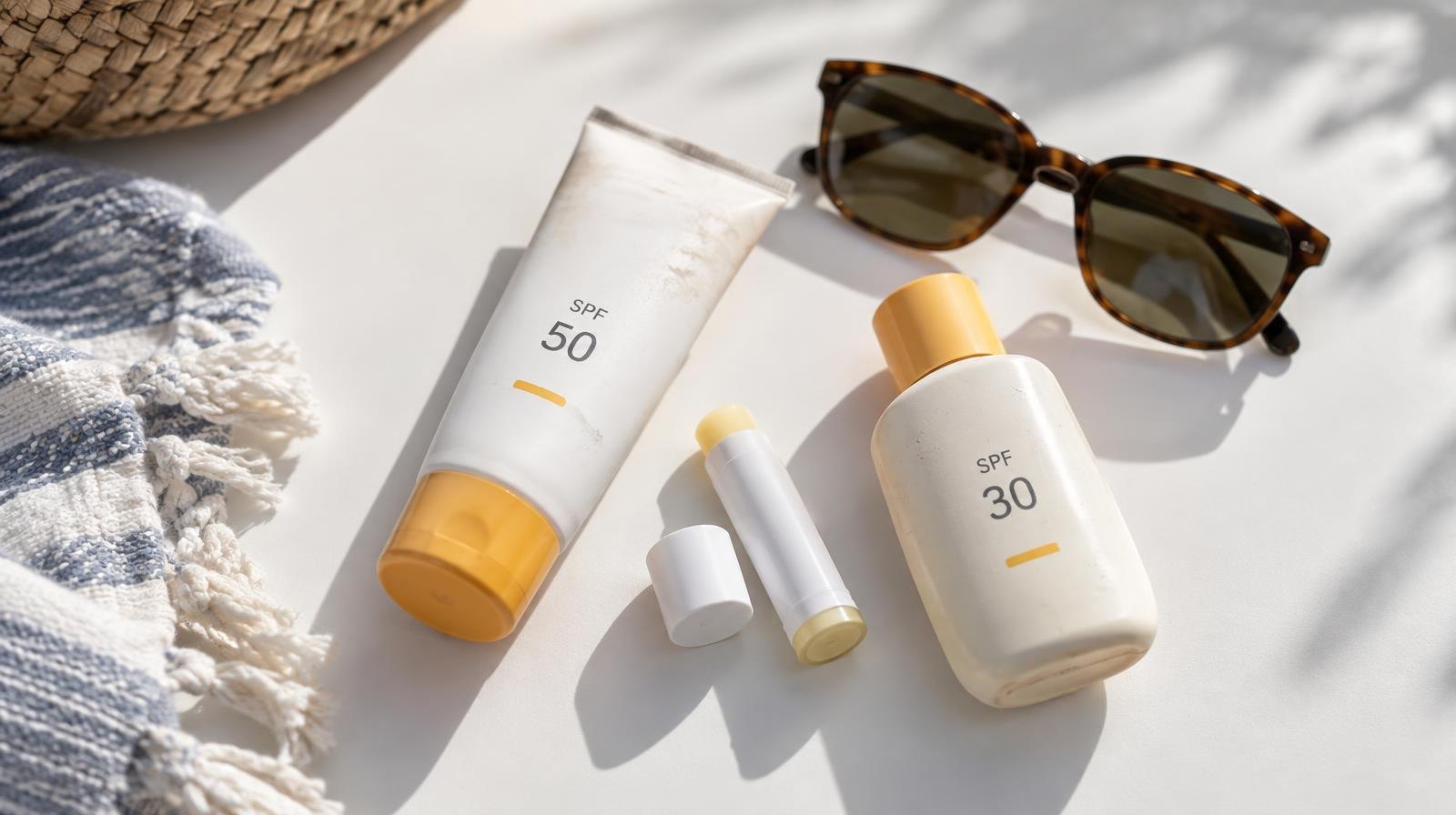 Sunscreen tube, sunglasses, and lip balm arranged on a white surface.