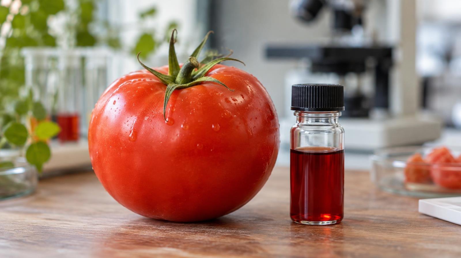 A red tomato next to a small glass vial on a wooden surface in soft light.