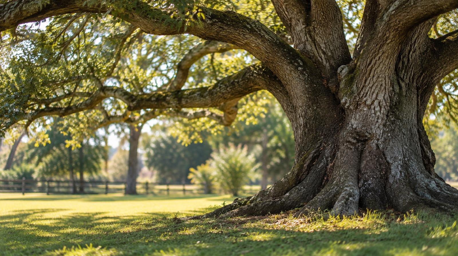 A large mature live oak tree with a wide spreading canopy and thick gnarled trunk.