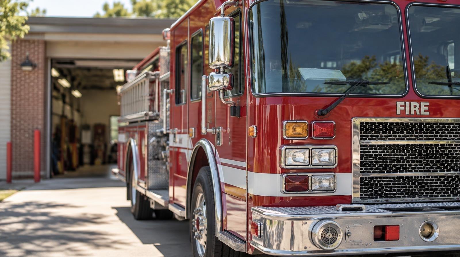 Red fire engine parked in front of an open fire station bay door.